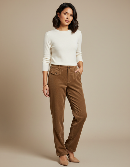 Pantalon Beige Côtelé Droit Taille Haute Élégant - Marron Cordé