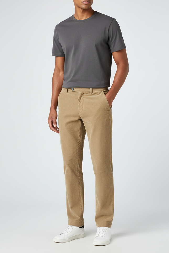 Pantalon Beige Côtelé Droit Classique Confortable Homme - Camel Cordé
