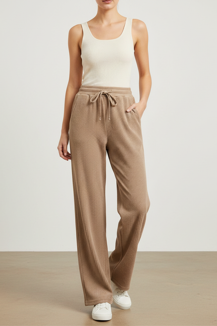 Pantalon Beige Côtelé Ample Décontracté Fluide - Cordé