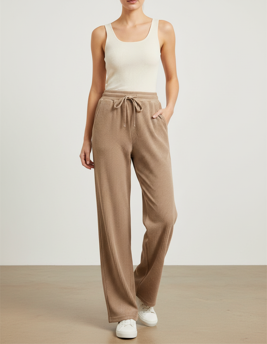 Pantalon Beige Côtelé Ample Décontracté Fluide - Cordé