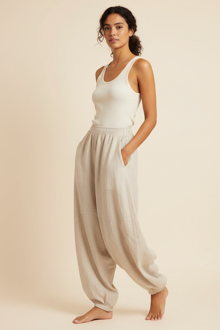Pantalon Beige Lin Ample Décontracté Yoga Femme