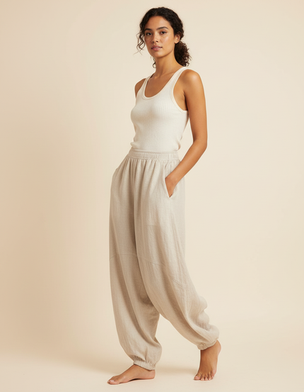 Pantalon Beige Lin Ample Décontracté Yoga Femme