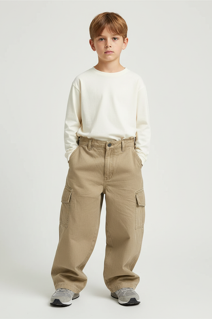 Pantalon Beige Cargo Ample Décontracté Garçon - Toile