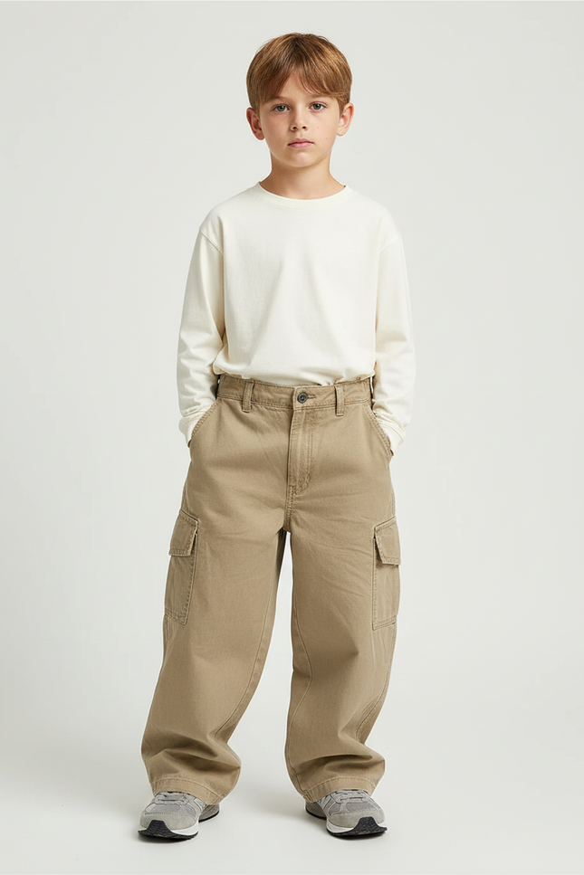 Pantalon Beige Cargo Ample Décontracté Garçon - Toile