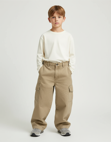 Pantalon Beige Cargo Ample Décontracté Garçon - Toile