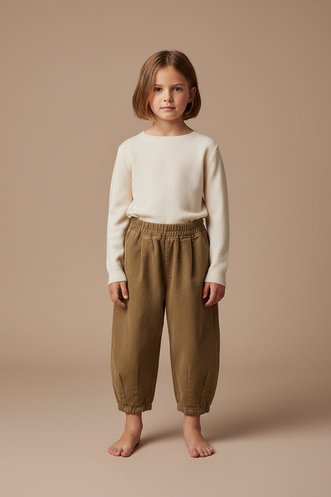 Pantalon Beige Ample Molletonné Élastique Enfant - Kaki