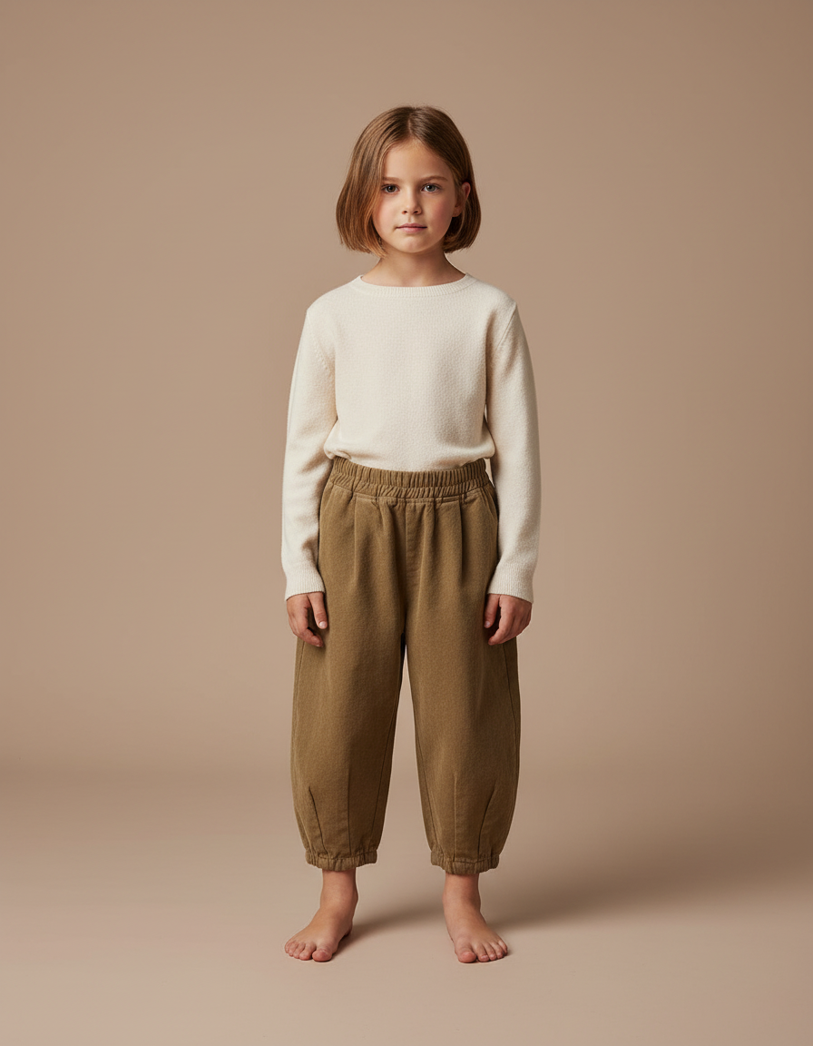 Pantalon Beige Ample Molletonné Élastique Enfant - Kaki