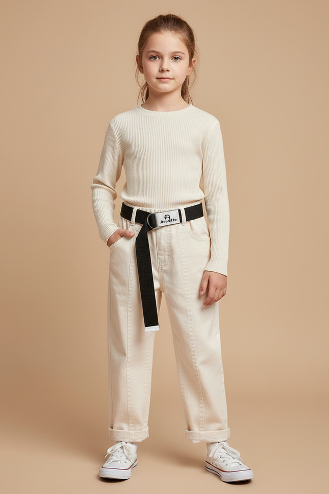 Pantalon Beige Enfant Décontracté Coton Ceinture Noire - Jean
