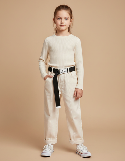 Pantalon Beige Enfant Décontracté Coton Ceinture Noire - Jean
