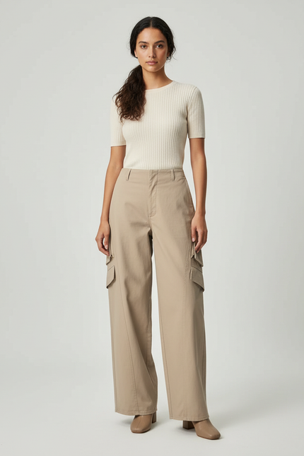Pantalon Beige Cargo Ample Décontracté Femme - Gabardine