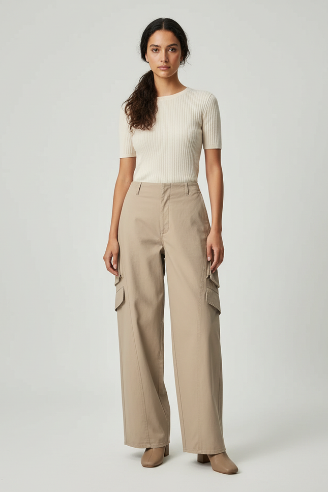 Pantalon Beige Cargo Ample Décontracté Femme - Gabardine