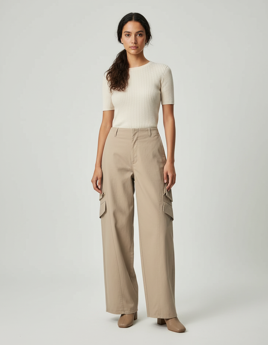 Pantalon Beige Cargo Ample Décontracté Femme - Gabardine