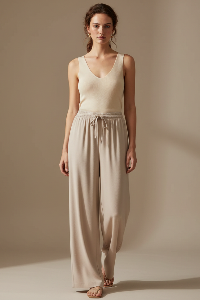Pantalon Beige Fluide Ample Cordon Décontracté Élégant Femme - Viscose