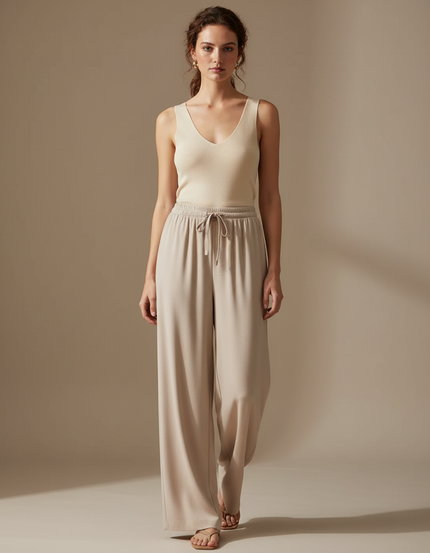 Pantalon Beige Fluide Ample Cordon Décontracté Élégant Femme - Viscose