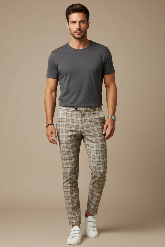 Pantalon Carreaux Homme Beige - Polyester