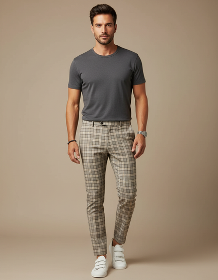 Pantalon Carreaux Homme Beige - Polyester