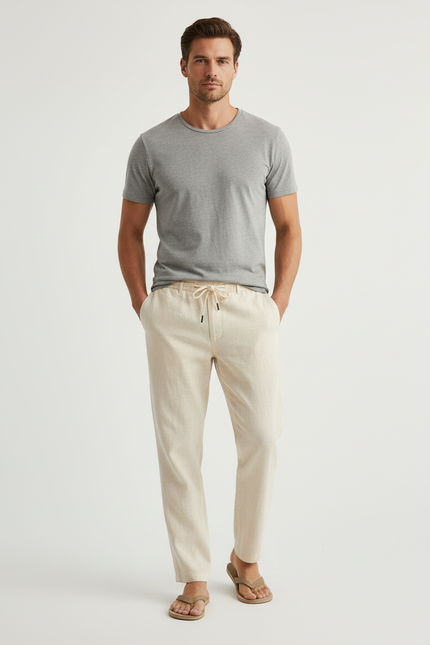Pantalon Beige Lin Cordon Décontracté Homme