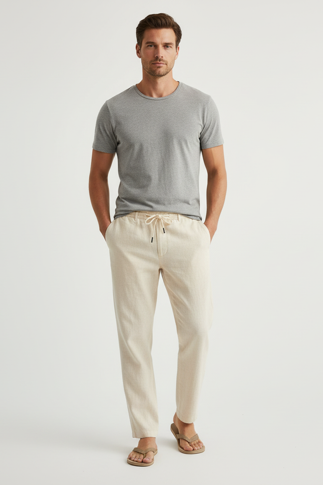 Pantalon Beige Lin Cordon Décontracté Homme