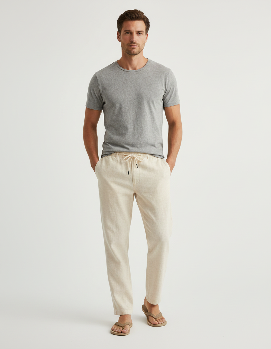 Pantalon Beige Lin Cordon Décontracté Homme