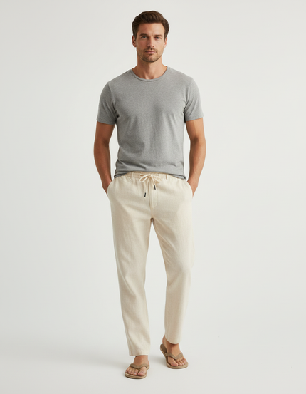 Pantalon Beige Lin Cordon Décontracté Homme
