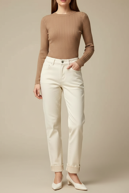 Pantalon Beige Écru Droit Coton Décontracté Femme - Blanc
