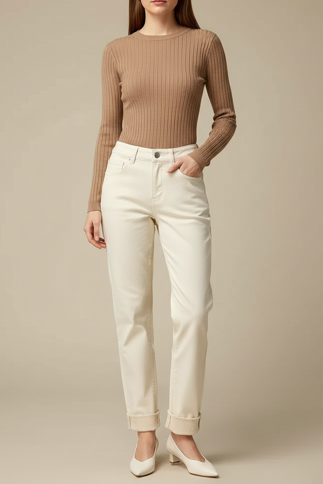 Pantalon Beige Écru Droit Coton Décontracté Femme - Blanc