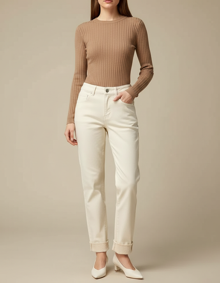 Pantalon Beige Écru Droit Coton Décontracté Femme - Blanc