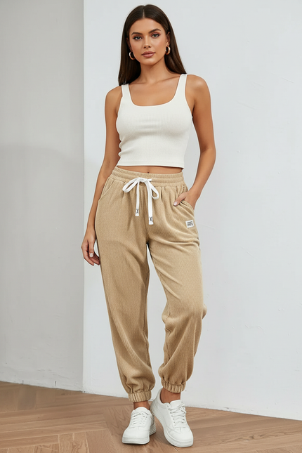 Pantalon Beige Côtelé Ample Cordon Femme - Cordé
