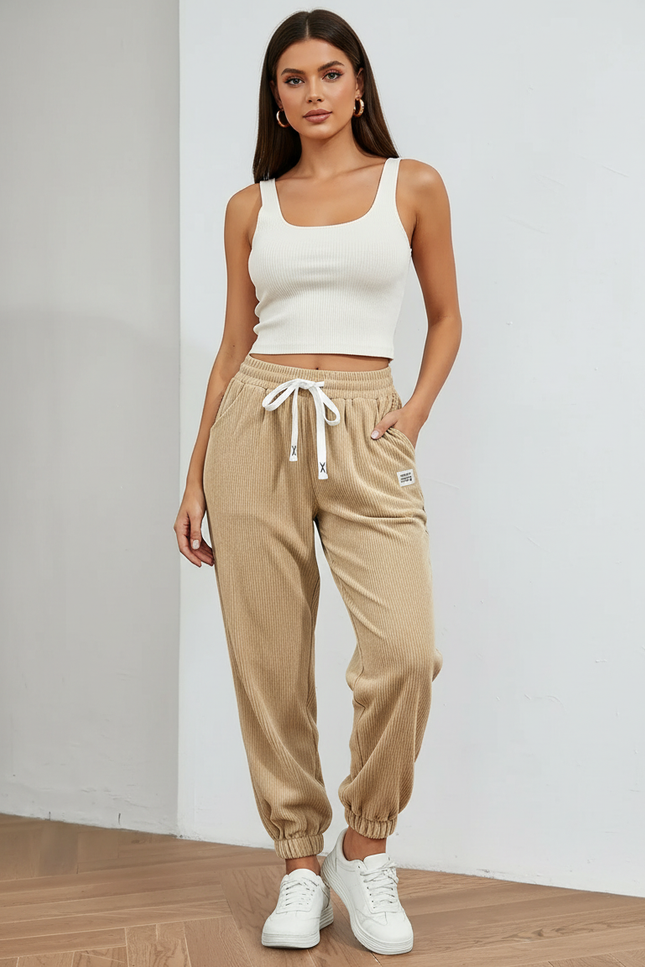 Pantalon Beige Côtelé Ample Cordon Femme - Cordé