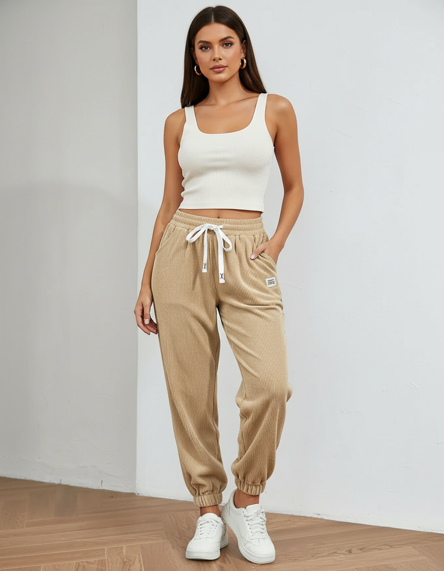 Pantalon Beige Côtelé Ample Cordon Femme - Cordé
