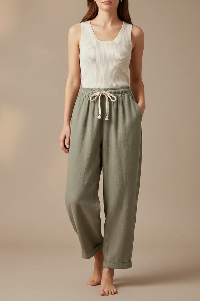 Pantalon Beige Coton Lin Ample Cordon Décontracté - Kaki