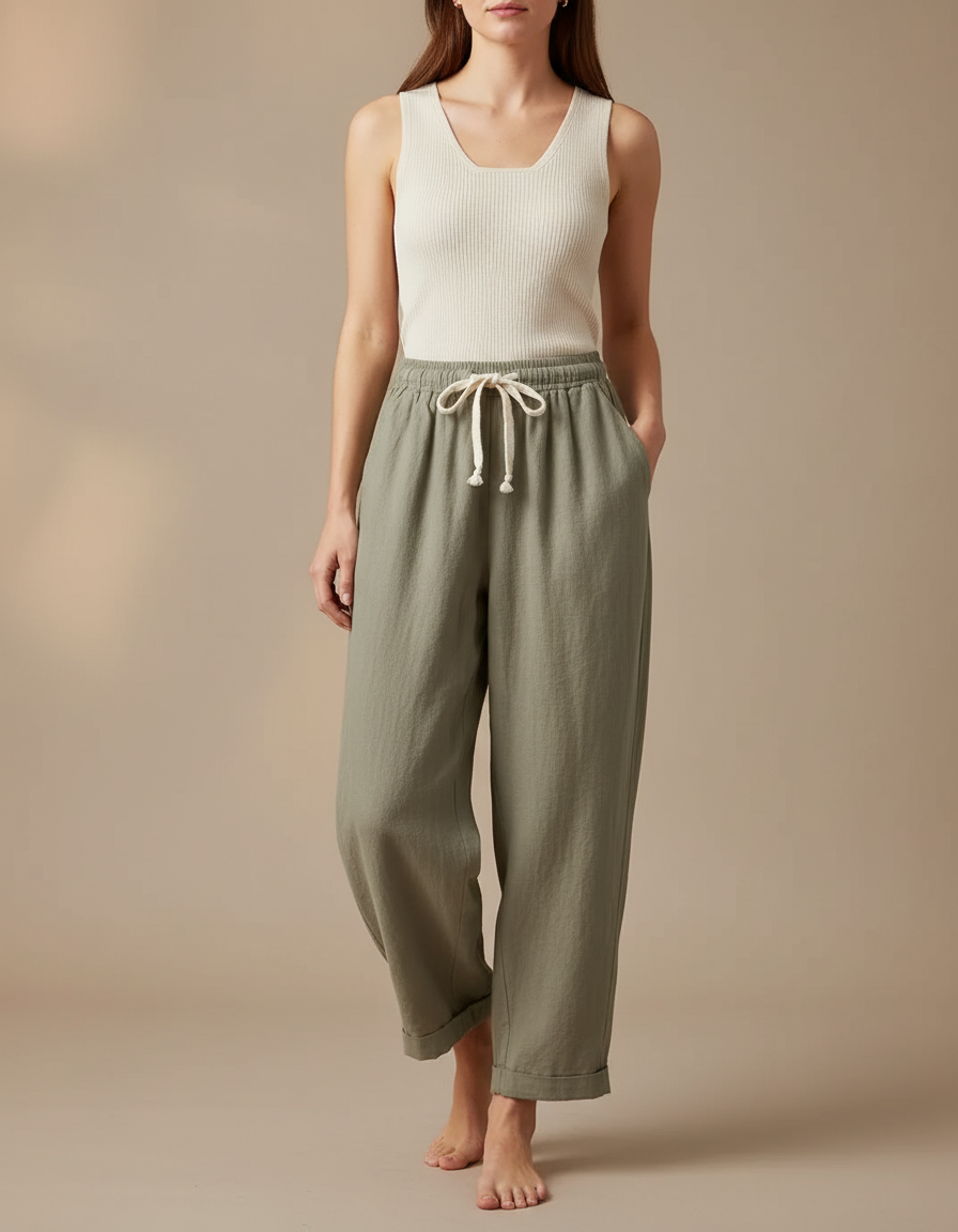 Pantalon Beige Coton Lin Ample Cordon Décontracté - Kaki