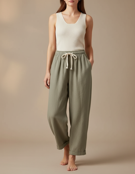 Pantalon Beige Coton Lin Ample Cordon Décontracté - Kaki