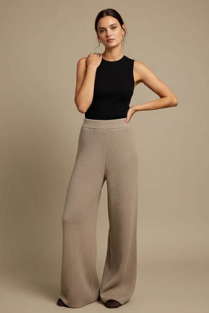 Pantalon Beige Côtelé Tricoté Ample Décontracté Fluide - Maille