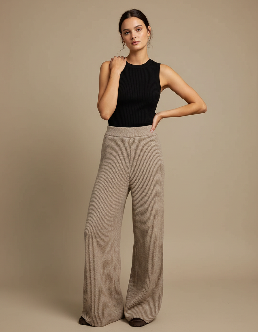 Pantalon Beige Côtelé Tricoté Ample Décontracté Fluide - Maille