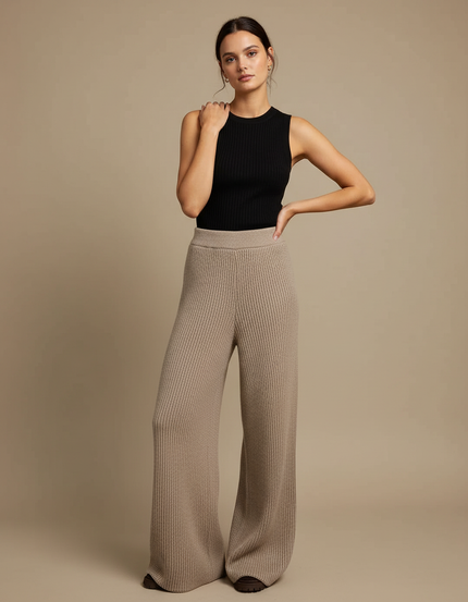 Pantalon Beige Côtelé Tricoté Ample Décontracté Fluide - Maille