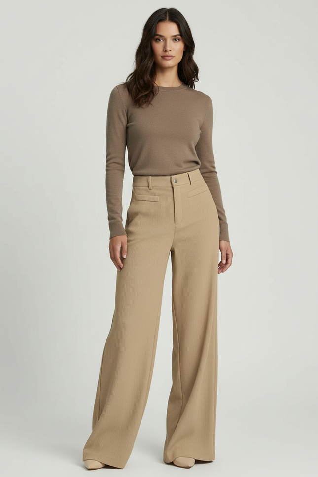 Pantalon Beige Côtelé Ample Taille Haute Élégant - Cordé