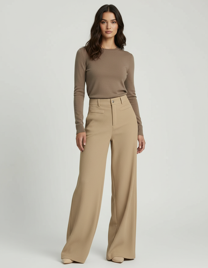 Pantalon Beige Côtelé Ample Taille Haute Élégant - Cordé