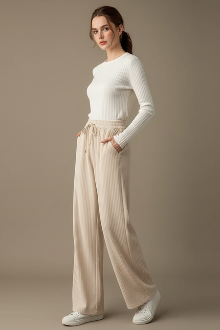 Pantalon Beige Côtelé Ample Droit Cordon - Maille