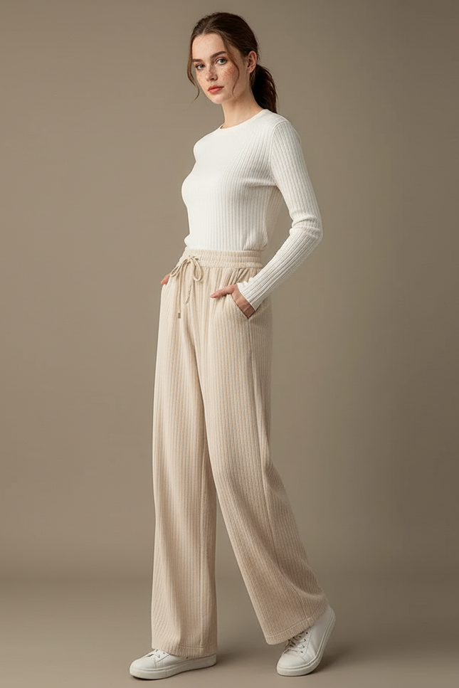 Pantalon Beige Côtelé Ample Droit Cordon - Maille