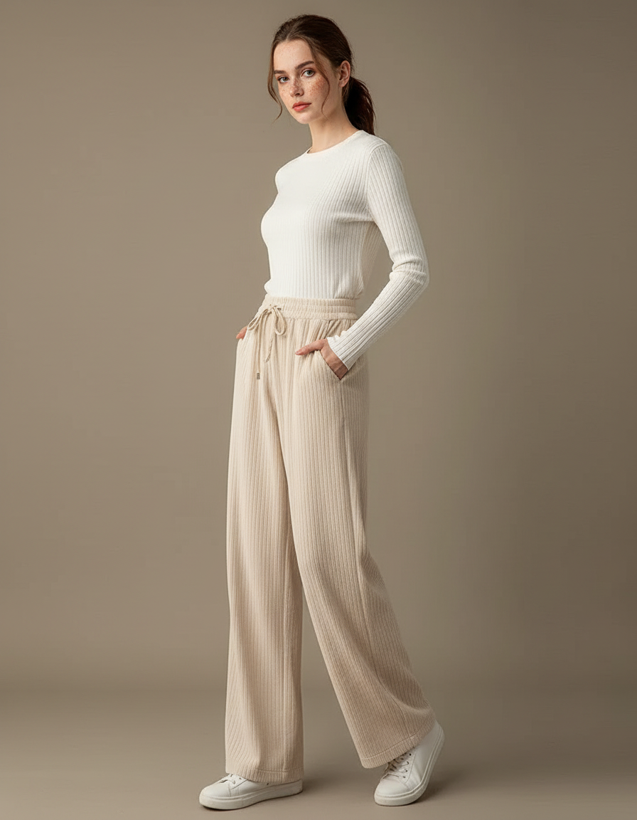 Pantalon Beige Côtelé Ample Droit Cordon - Maille