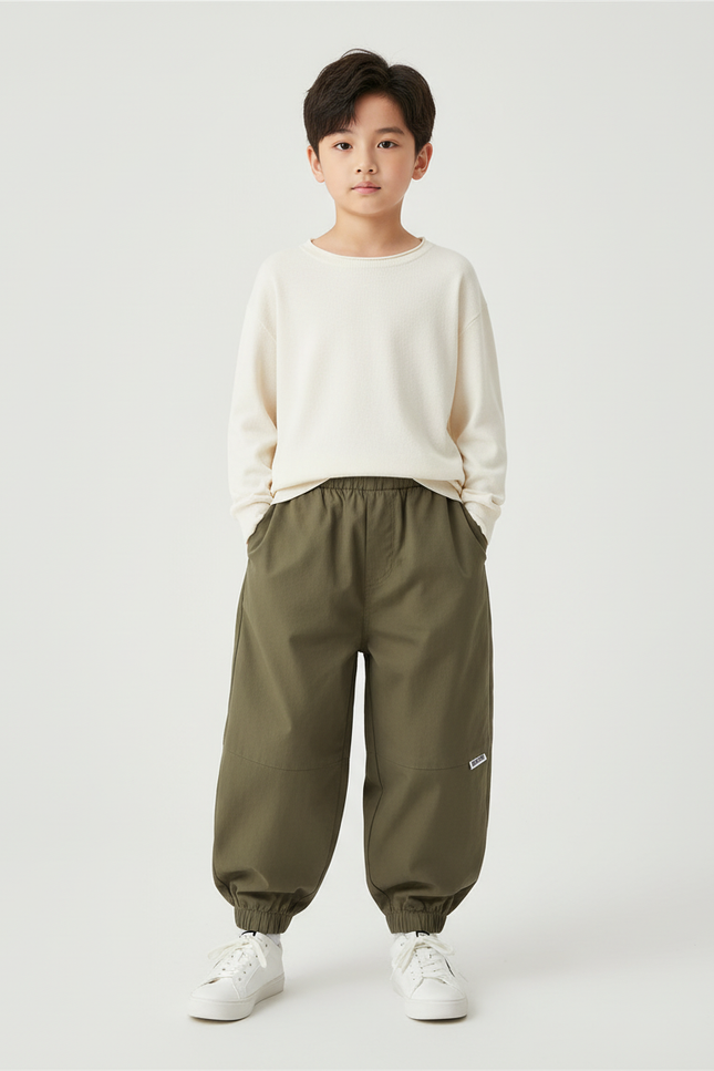 Pantalon Beige Cargo Ample Enfant Décontracté Robuste - Kaki Toile
