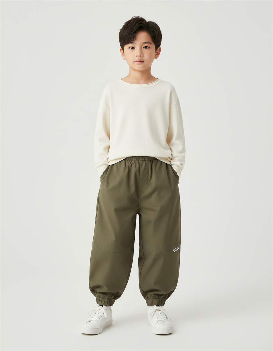 Pantalon Beige Cargo Ample Enfant Décontracté Robuste - Kaki Toile