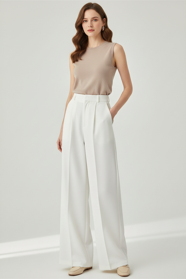 Pantalon Beige Femme Taille Haute Large Fluide - Blanc Gabardine