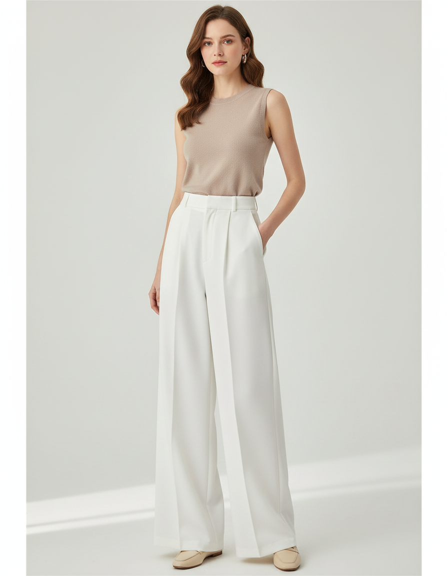 Pantalon Beige Femme Taille Haute Large Fluide - Blanc Gabardine