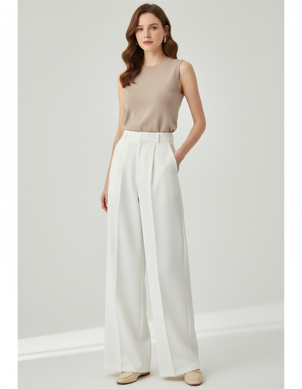 Pantalon Beige Femme Taille Haute Large Fluide - Blanc Gabardine