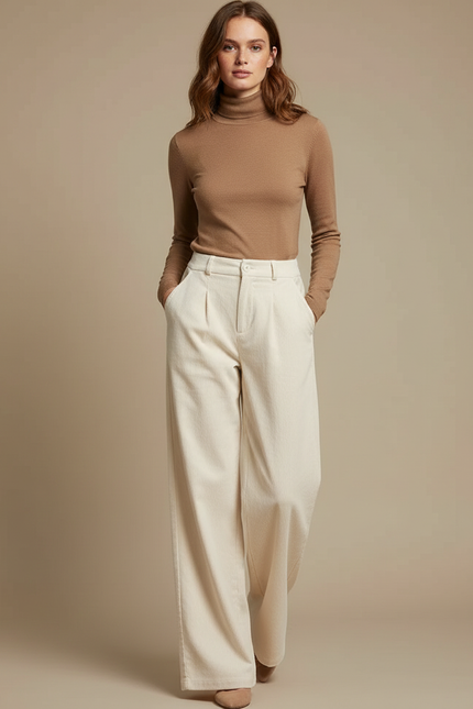 Pantalon Beige Côtelé Ample Décontracté Fluide Chic - Cordé