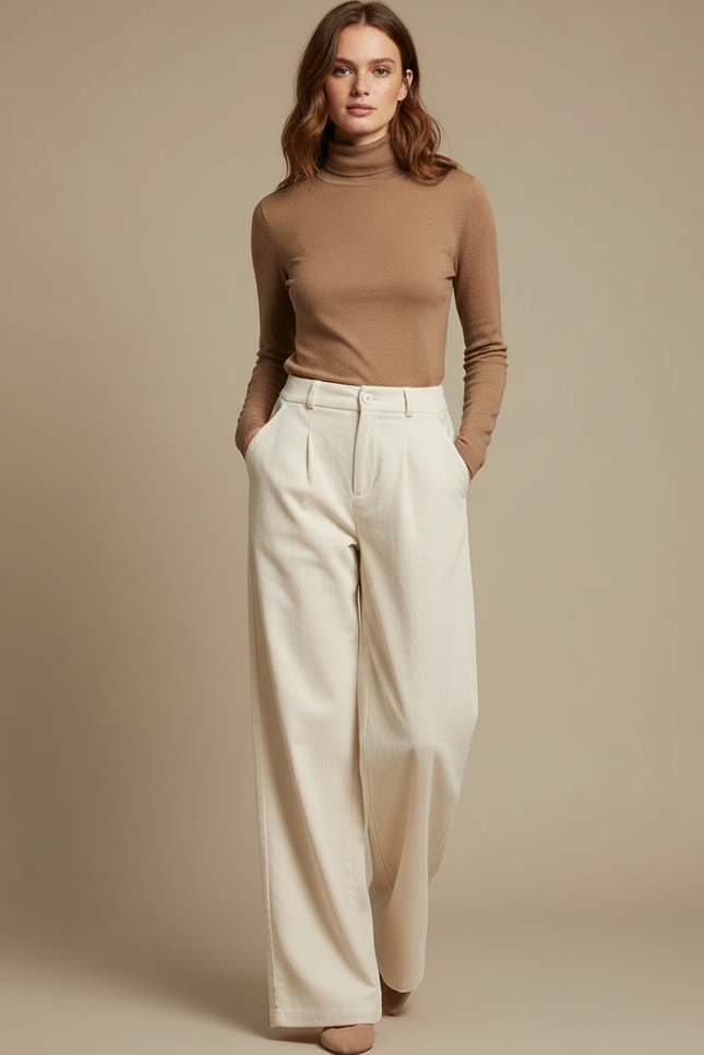 Pantalon Beige Côtelé Ample Décontracté Fluide Chic - Cordé