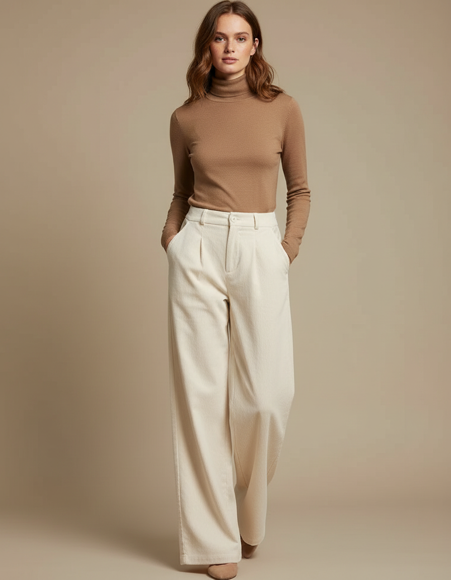 Pantalon Beige Côtelé Ample Décontracté Fluide Chic - Cordé