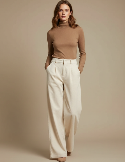 Pantalon Beige Côtelé Ample Décontracté Fluide Chic - Cordé